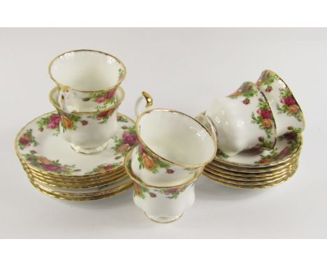 A Royal Albert porcelain part tea service, decorated in the Old Country Roses pattern, comprising six cups, saucers and tea p