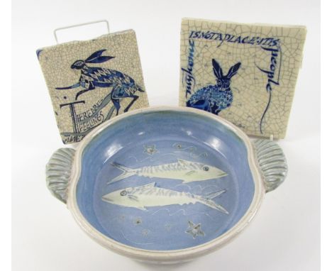 A Louis Mobo Studio pottery tile, decorated in blue and white with a hare, 16cm x 16cm, another similar 14.5cm x 13.5cm, and 