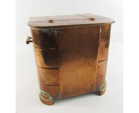 An Art Deco copper coal box, with twin carrying handles, liner and a trowel, 34cm x 28.5cm x 30.5cm