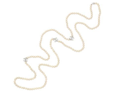 Karl Lagerfeld for Chanel: a Simulated Pearl and CC Long Necklace2007Simulated pearls interspersed with three silver CC charm