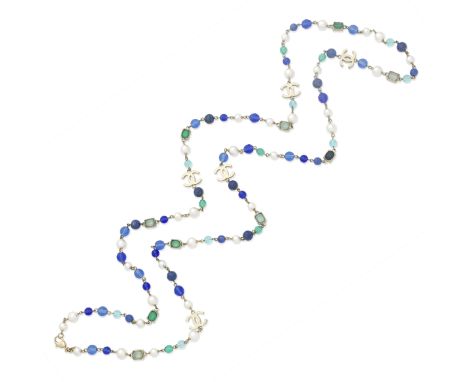Karl Lagerfeld for Chanel: a Blue and Green Beads, Simulated Pearl and CC NecklaceAutumn 2007Long necklace with multi-faceted