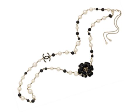 Karl Lagerfeld for Chanel: a Black Enamel and Pearl Camellia NecklaceSpring 2013Simulated pearls and black glass beads on cha