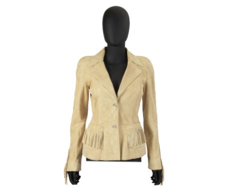 John Galliano for Christian Dior: a Suede Fringed Bar Jacket2000sSoft goatskin suede with padded hips, fringing to sleeves an