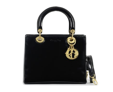 Christian Dior: a Black Patent Leather Medium Lady DiorEarly 1990sSmooth black leather with gold hardwareCondition Grade C25c