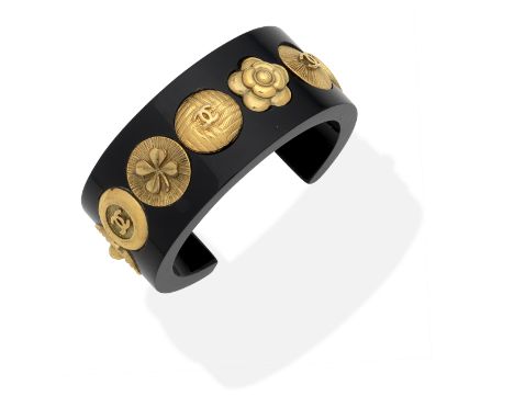 Victoire de Castellane for Chanel: a Black and Gold Button Charm Resin CuffCollection 28, Spring/Summer 1992Wide black resin 