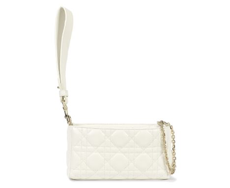 Christian Dior: a Latte Lambskin Lady D Pouch2018White cannage quilted lambskin with champagne silver and leather shoulder st