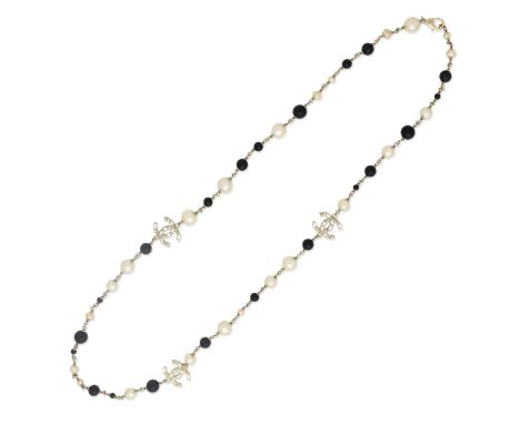 Karl Lagerfeld for Chanel: a Simulated Pearl, Black Beads and CC NecklaceAutumn 2009CC decorated with baguette cut rhinestone
