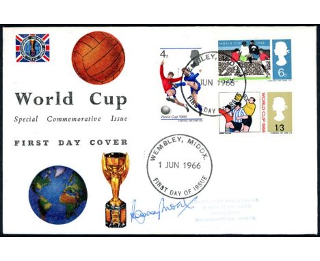 Football: Bobby Moore autographed on 1966 World Cup Connoisseur FDC with Wembley FDI H/S. Printed address, fine. (see photo)