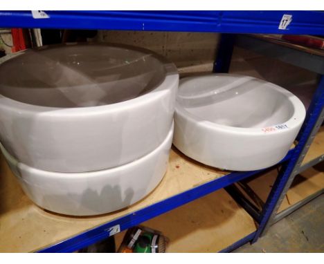 Three ceramic wash basins, circular design, D: 40 H: 15cm. Ideal Alpine planters. Not available for in-house P&amp;P 