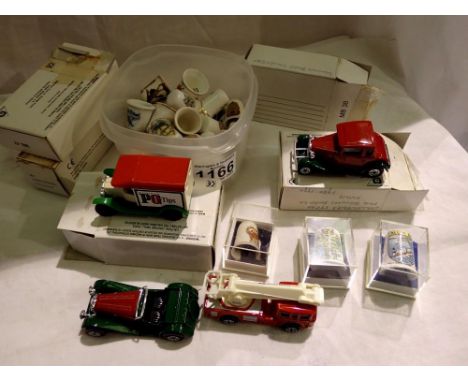 Mixed ceramic thimbles and five Matchbox cars. Not available for in-house P&amp;P 
