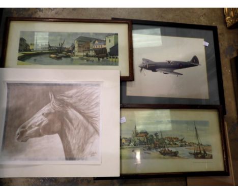 Mixed pictures and prints including one of a Spitfire. Not available for in-house P&amp;P 