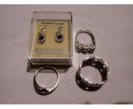 Two 925 silver rings, a white metal ring and a pair of stone set earrings. UK P&amp;P Group 1 (£16+VAT for the first lot and 