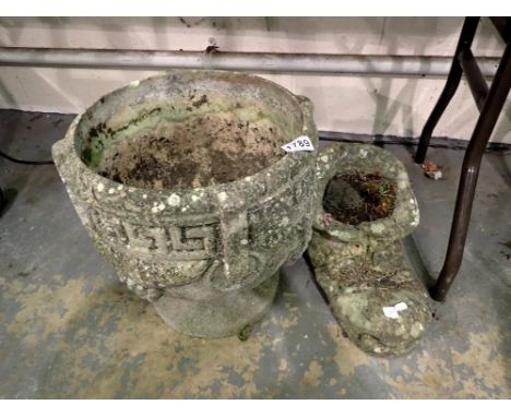 Reconstituted stone pot with Greek key design and a reconstituted stone boot planter. Not available for in-house P&amp;P 