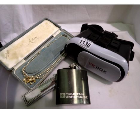 Mixed items including 3D VR glasses, pearls and a hip flask. Not available for in-house P&amp;P 