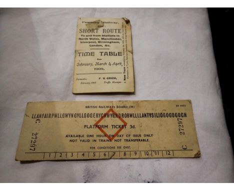 1909 dated timetable for the Festing Railway and a platform ticket for Lanfairpwllgwyngyllgogerychwyrndrobwllllantysiliogogog