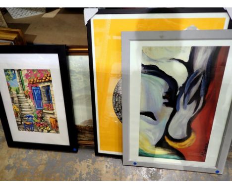 Three framed prints including Picasso. Not available for in-house P&amp;P 