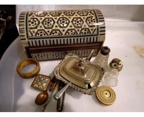 Inlaid trinket box containing mixed items mainly silver plate. UK P&amp;P Group 1 (£16+VAT for the first lot and £2+VAT for s