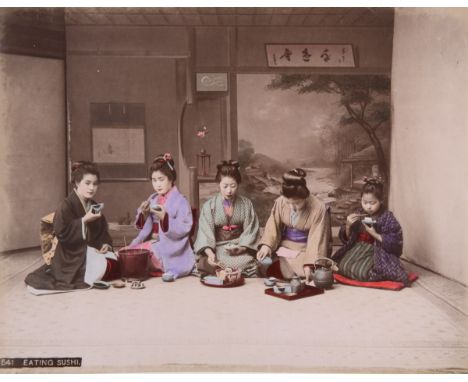 Japan. An album of 50 mounted hand-tinted photographs by Tamamura Kazaburo and others, many titled in the negative, including