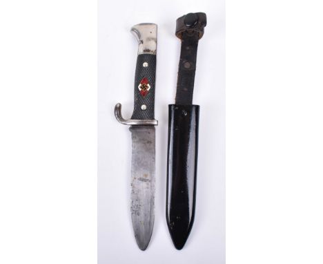 Hitler Youth Boys Dagger by Grawiso Solingen, two piece chequered grips with enamel HJ diamond insignia inserted to the centr