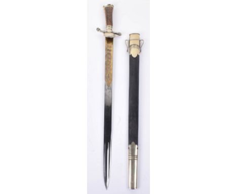 German Hunting Hanger c.1880, T-section polished blade etched and gilt with hunting trophies of good quality, stamped W.Claub