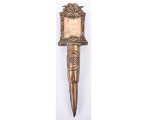 WW1 German Trench Art Memorial, made from a bullet with Imperial crown tunic button mounted to the centre and small brass pic