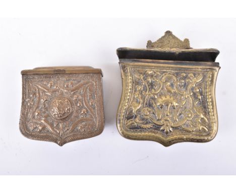 Ottoman Brass Cartouche Box with hinged lid, cast with birds, flowers and swags; and another similar; both good condition. Th