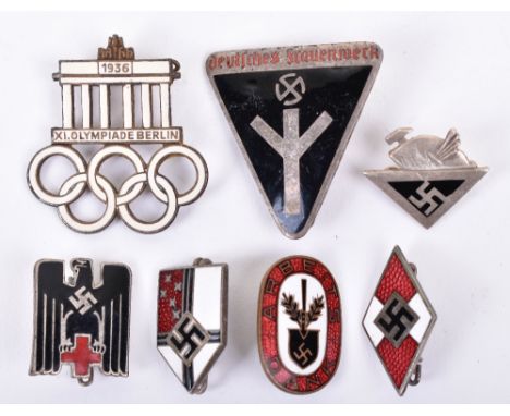 7x Third Reich Enamel Membership Badges, including Hitler Youth, Frauenschaft, Colonial Bund, Red Cross (DRK), plus others. A