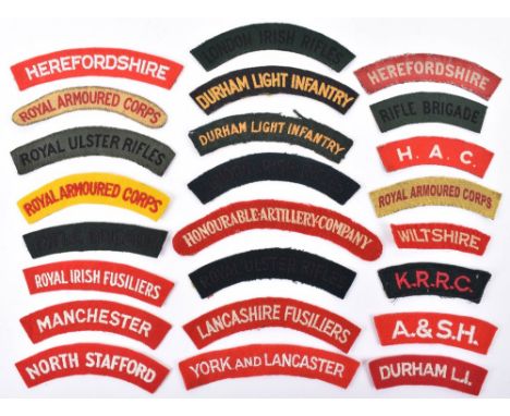 Grouping of Cloth Regimental Shoulder Titles, including printed and embroidered Herefordshire regiment, 2x variations of prin