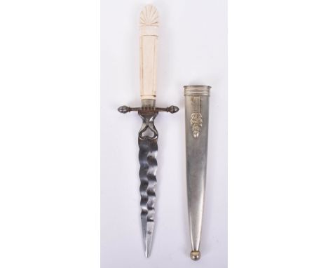 Unusual Stiletto Dagger, late 19th century, wavy blade with pierced heart at root, iron cross piece, bone grip, in its nickel
