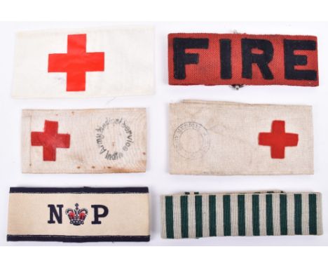 6x Arm Brassards, including Red Cross example with ink stamp for Army Medical Service (WW1?); WW2 period Red Cross armband wi