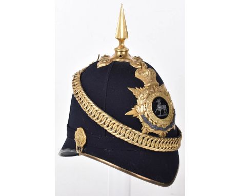 Victorian Royal Warwickshire Regiment Officers Home Service Helmet, blue cloth example with fine gilt metal Victorian crowned