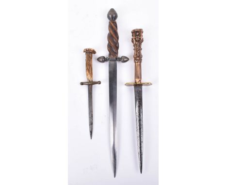 Copy of a 17th Century Dagger Stiletto, shallow diamond section blade struck with a mark, iron cross piece with swollen finia