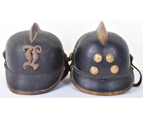 Imperial German Pickelhaube Style Fire Brigade Helmet, leather shell with brass top comb, lions head side bosses and leather 