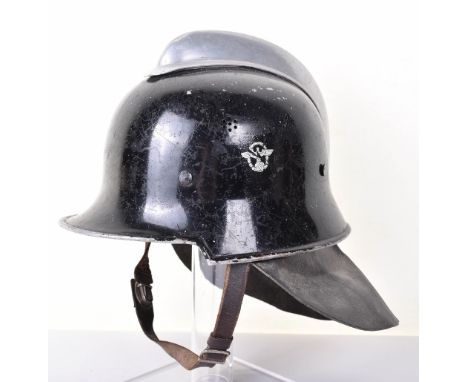 WW2 German Fire Police Helmet, black painted example of the civilian issue helmet which aluminium top comb and leather neck f