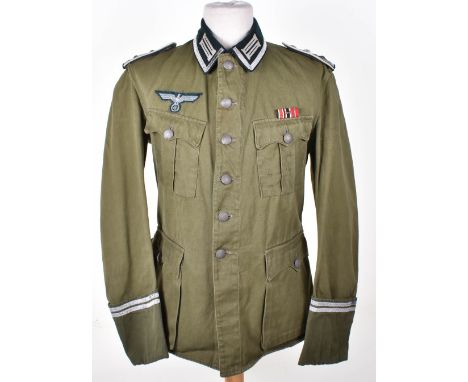 WW2 German Infantry Der Speiss Lightweight Southern Front Combat Tunic, light green cloth four pocket combat tunic with dark 
