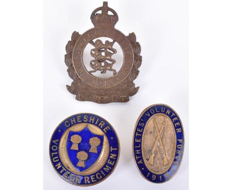 WW1 Dorset VTC Cap Badge and VTC Lapel Badges, cap badge with two lug fittings to the reverse. Lapel badges being brass and b