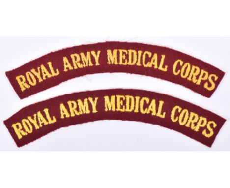2x WW2 Royal Army Medical Corps Airborne Issue Shoulder Titles, being yellow embroidered lettering on maroon backing cloth. B