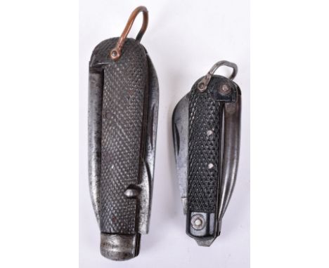 2x WW2 Period British Army Jack Knives, being a large and small type. Both with fold our blades and black chequered grips. (2