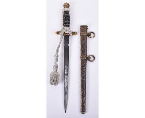 1st Pattern German Naval Officers Dress Dagger by Alcoso, gilt brass flame pommel top with black celluloid grip retaining the