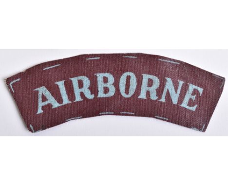 Printed Airborne Shoulder Title, curved example printed onto waterproof material. Light blue lettering on maroon. 