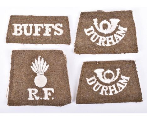 4x WW1 Slip-on Regimental Shoulder Titles, all being embroidered white on khaki, consisting of facing pair of Durham Light In