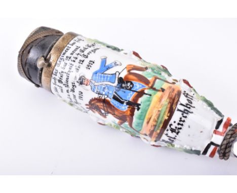 Imperial German Hussar Regiment Nr12 Commemorative Pipe, porcelain pipe with hand painted scene of a Hussar on horse back wit