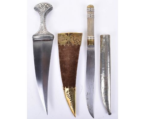 Unusual 20th Century Indian Dagger Jambya, iron hilt inlaid with silver flowers and foliage, tapered polished steel blade wit