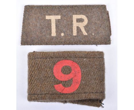 2x WW1 Training Reserve Slip-on Shoulder Titles, consisting of a white stencilled on khaki “T.R” and a red painted “9” on kha