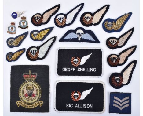 Grouping of Royal Air Force Parachute Instructors Insignia, consisting of various variations of cloth half wings, RAF parachu