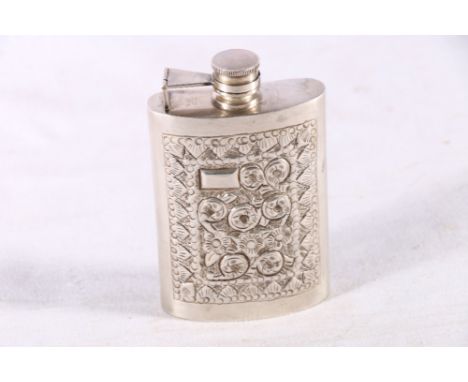 Sterling silver hip spirit flask with floral motif and geometric decoration, 105g, 11cm tall 