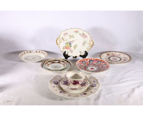 Chelsea porcelain painted floral dish with gilt borders, gold anchor mark to base, 25.5cm, Flight Barr and Barr Worcester tea