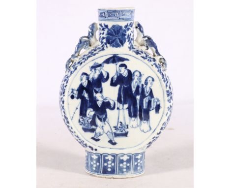 19th century Chinese blue and white moon flask, decorated with figures, chi lung faux handles, 21.5cm. One small flat chip to