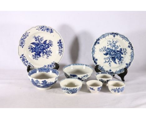 Group of early blue and white ceramics including Crescent mark Worcester, Caughley etc. including tea bowls, dishes and bowls