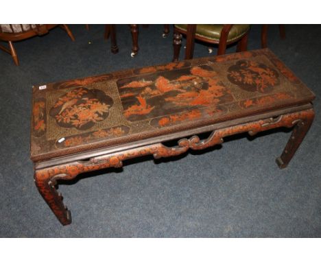 20th century Chinese black lacquered table with rectangular top, and scroll carved apron. square legs with scroll terminals, 